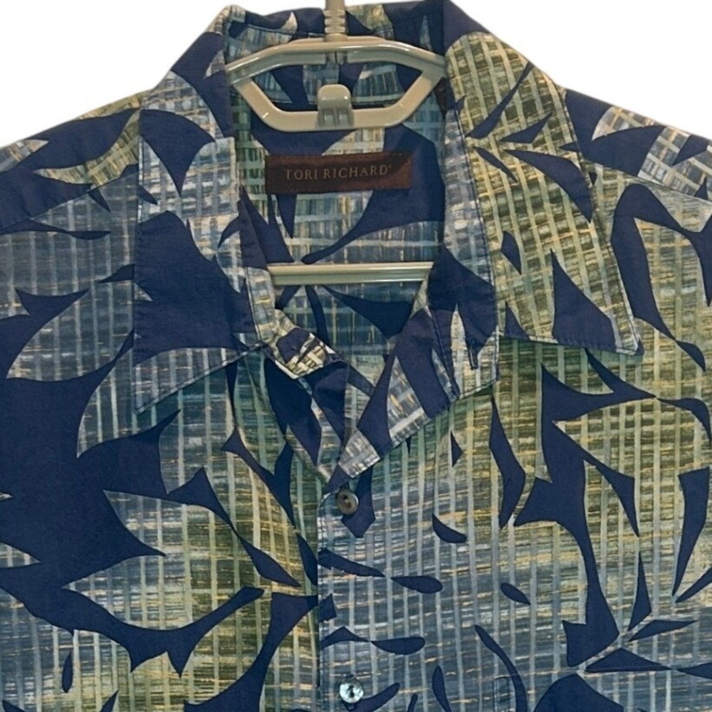 Tori Richard Shirt‎ Large Mens Blue Green Leaf Print Cotton Lawn Made in USA